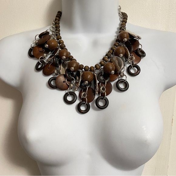 Wood Beads Silver Tone Boho Statement Necklace - Picture 5 of 8